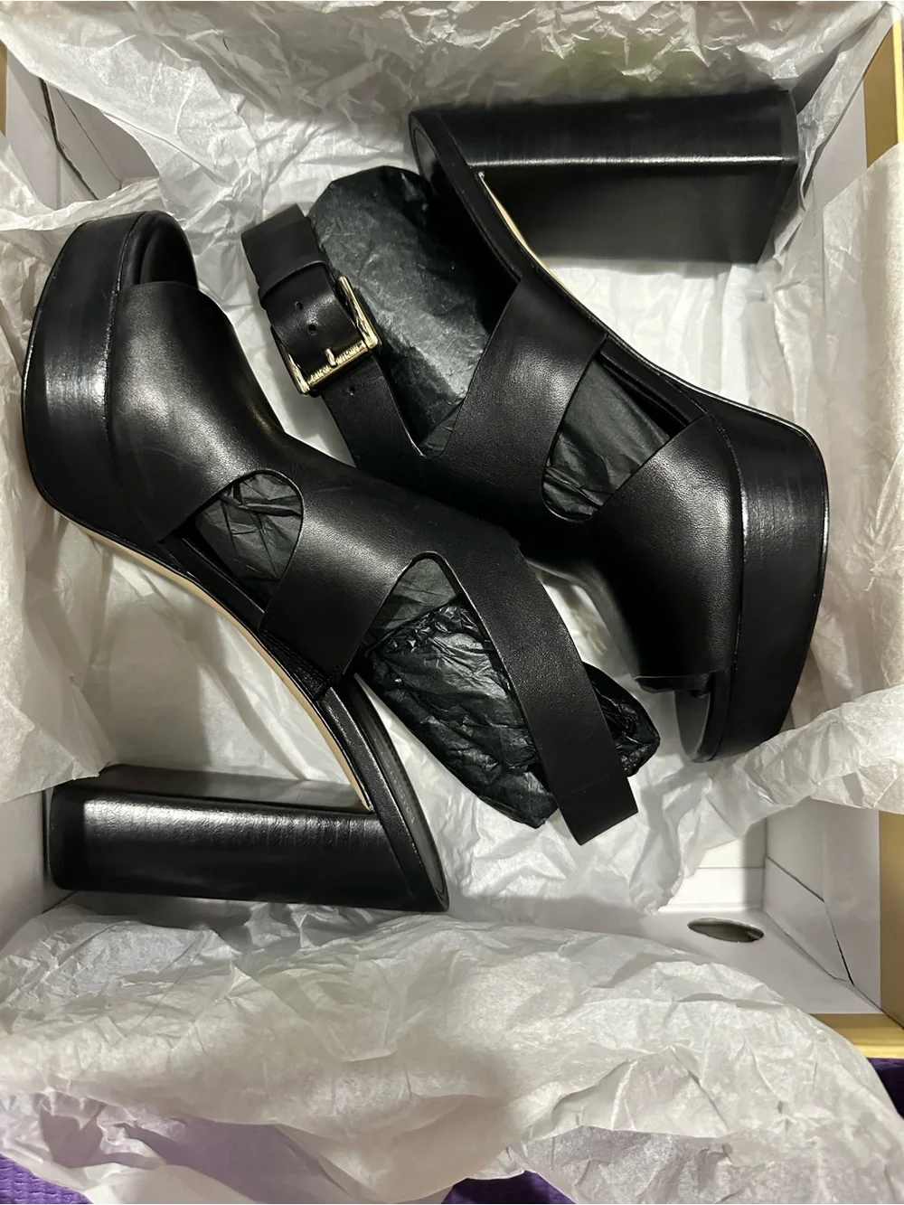 MICHAEL Michael Kors Black Leather Peep-Toe Block Heel Sandal with Gold Buckle